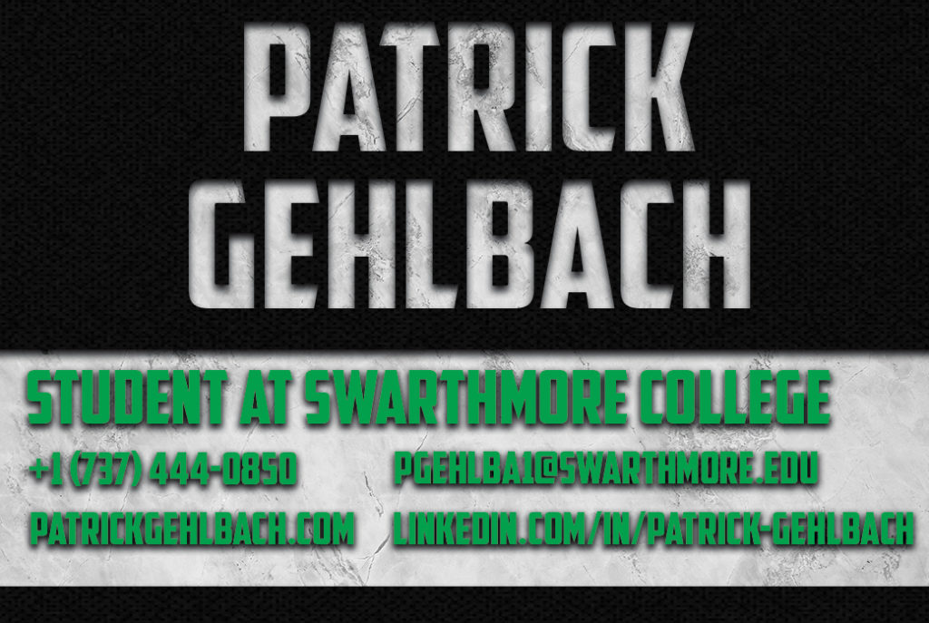 Black and White business card with green text. Card includes my name, a tagline, and my contact information.