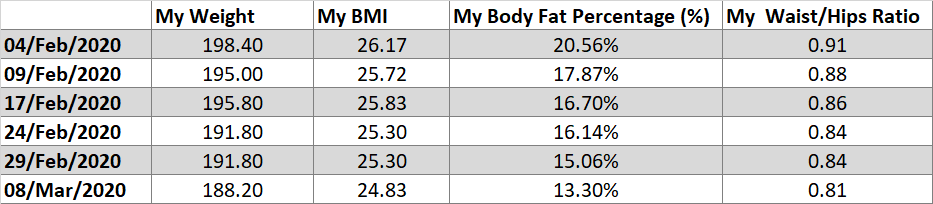 An Excel PivotTable showing my weight, body mass index, body fat percentage, and waist to hip ratio for six dates in February and March 2020