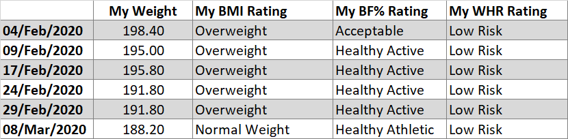 An Excel PivotTable showing my weight and ratings for my Body Mass Index, Body Fat Percentage, and waist/hip ratio.