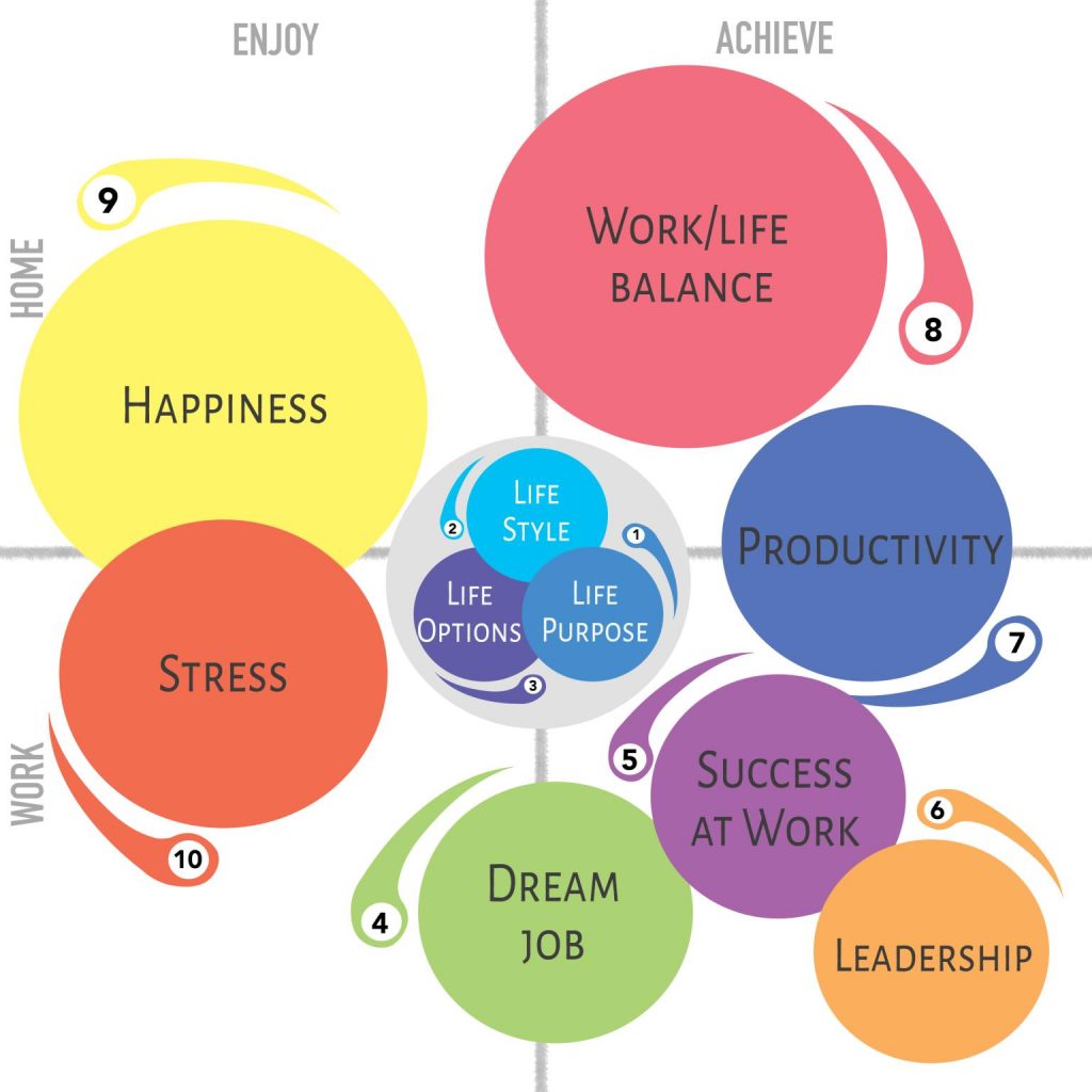 10 areas of life to get into alignment. 
Life Purpose, Lifestyle, Life Options, Dream Job, Success at Work, Leadership, Productivity, Work/Life Balance, Happiness, and Stress.