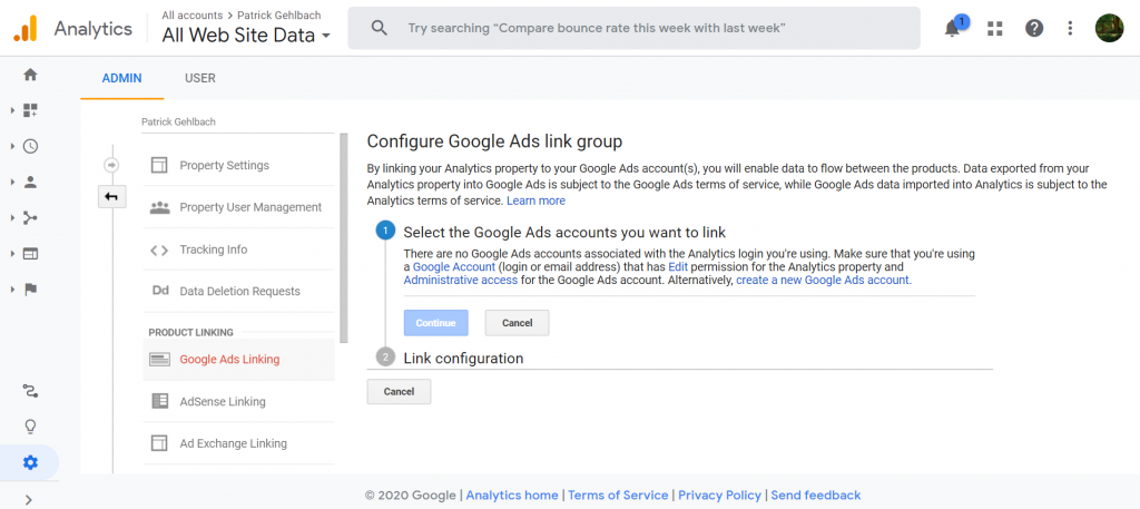Screenshot showing Google Analytics interface to link to Google Ads account.
